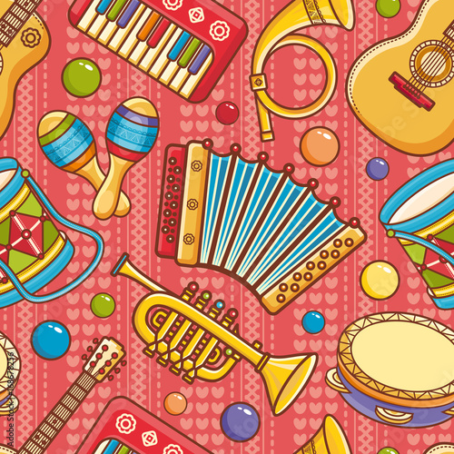 Musical instrument seamless pattern. Cartoon style