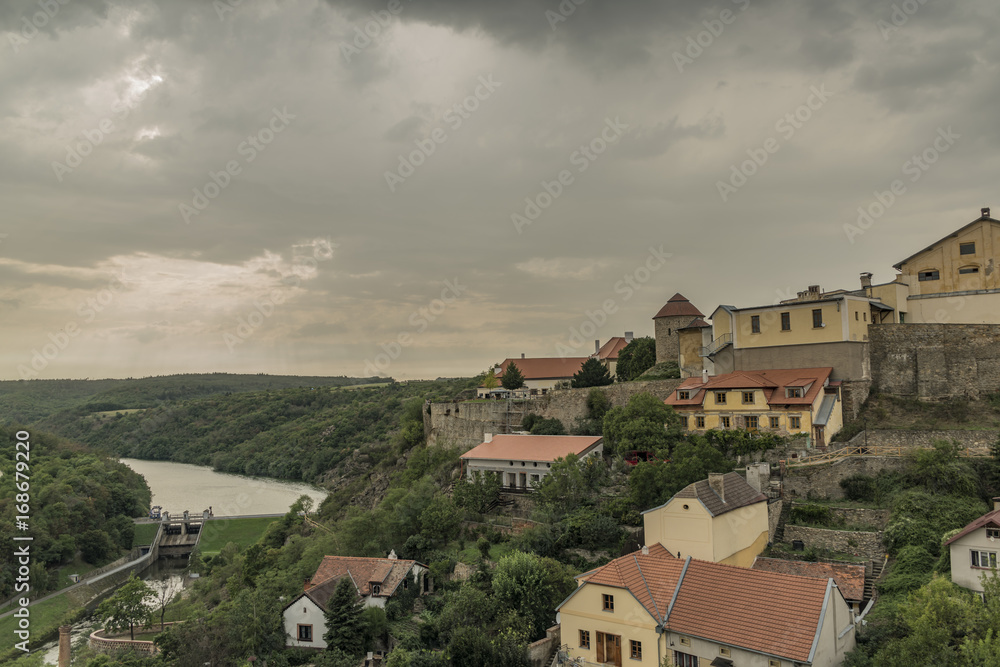Znojmo town in dark cloud summer day