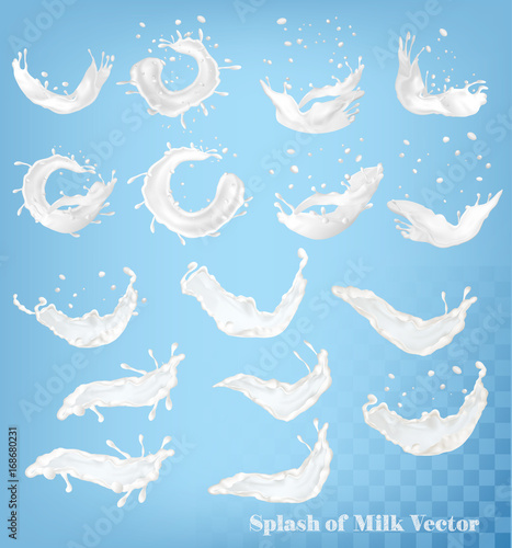 Splash of milk on transparent background. Vector set