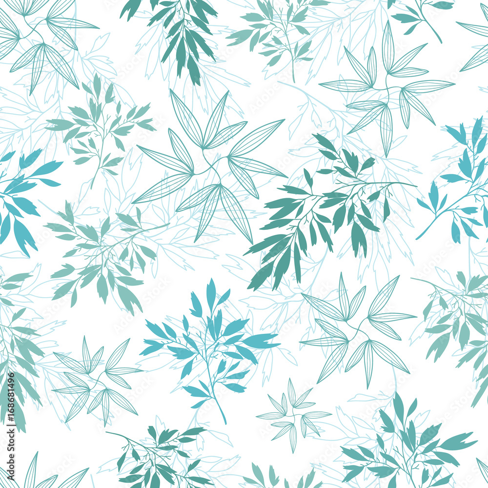 Vector teal tropical leaves summer seamless pattern with tropical green, blue plants and leaves on white background. Great for vacation themed fabric, wallpaper, packaging. Vector teal tropical leaves summer seamless pattern with tropical green, blue plants and leaves on white background. Great for vacation themed fabric, wallpaper, packaging.