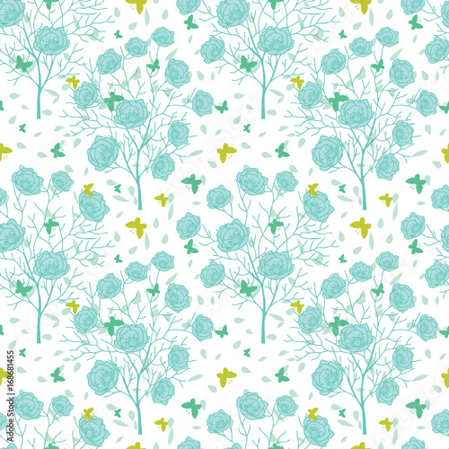 Vector blue green blooming trees and flying butterflies seamless repeat pattern background. Great for fabric, wallpaper, wrapping paper, wedding invitations design.
