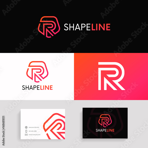 R letter linear logo shield icon sign with brand business card vector design.