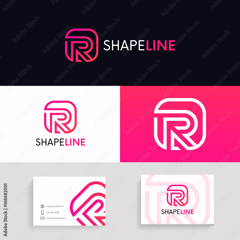 Clean R letter icon logo sign linear design with brand business card.