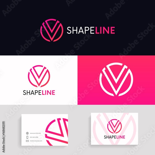 Simple V letter logo linear circle sign vector design with brand business card.