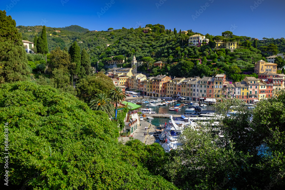 Portofino harbour and surrounding hills - mid-morning