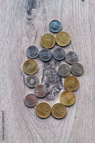 Canvas Print Mix of romanian coins on rustic wooden background