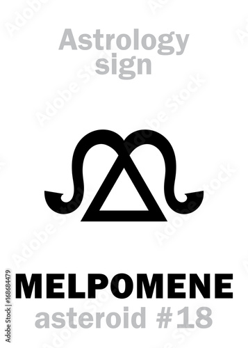 Astrology Alphabet: MELPOMENE (muse of tragedy), asteroid #18. Hieroglyphics character sign (single symbol).