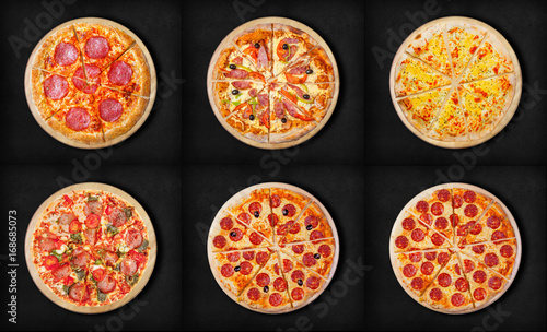 Six different pizza set for menu. Pizza with salami, pizza with mozzarella, salami, sausages, pizza four cheese, pepperoni and ham, The last two kinds of pepperoni. 