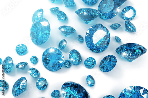 Group of blue diamonds placed on white background , 3d illustration.
