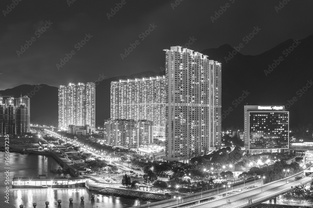 Panorama od residential district in Hong Kong city at night