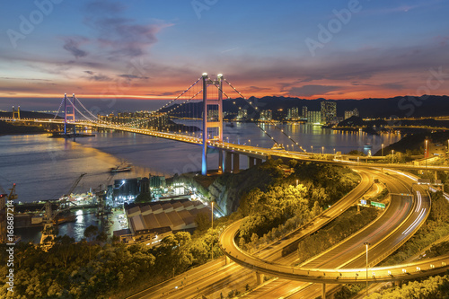 Tsing Ma Bridge in Hong Kong city at dusk