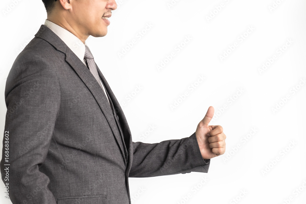 Businessman is lifting thumbs To display indescribably and agree to terms in business. On white isolate background Businessman is lifting thumbs To display indescribably and agree to terms in business. On white isolate background