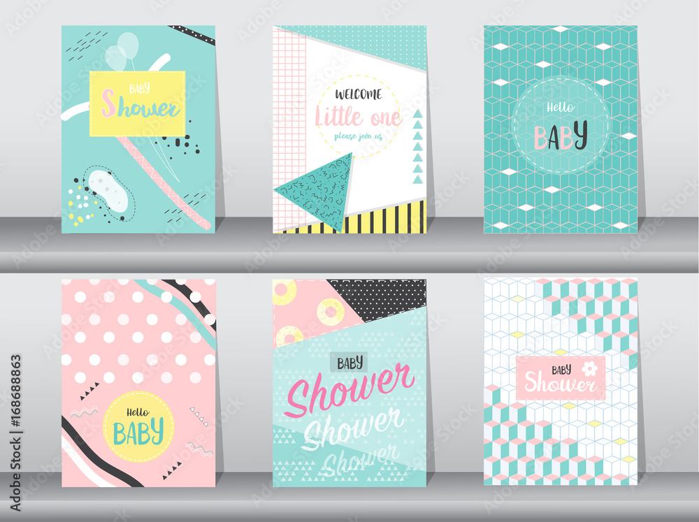Naklejka premium Set of baby shower card on retro pattern design,vintage,poster,template,greeting,Vector illustrations 