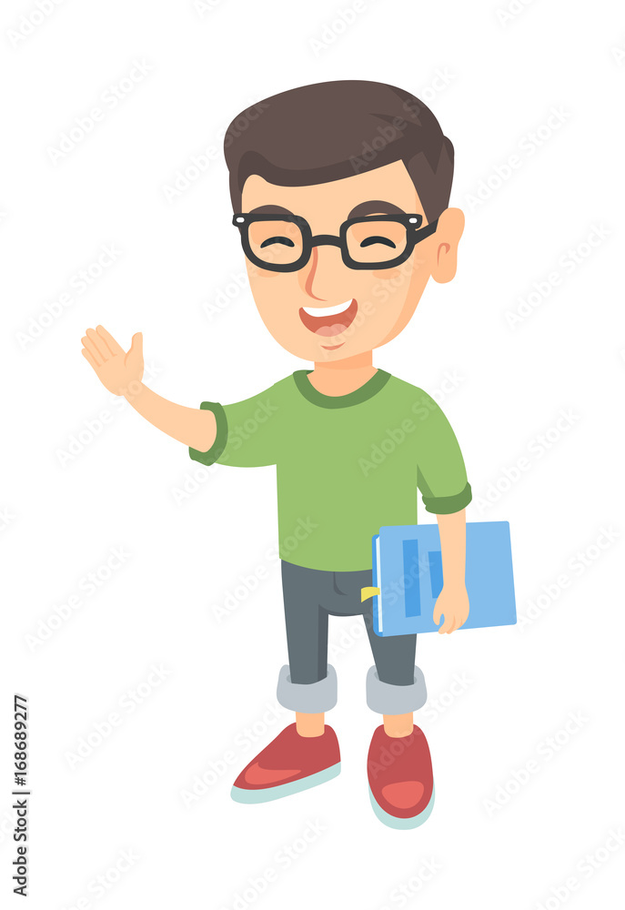 Cheerful caucasian laughing boy in glasses holding a book and waving. Full length of little laughing boy with a book. Education concept. Vector sketch cartoon illustration isolated on white background