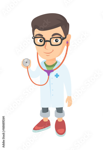 Happy caucasian little boy in doctor costume holding a stethoscope. Laughing boy wearing a doctor coat and showing a stethoscope. Vector sketch cartoon illustration isolated on white background.