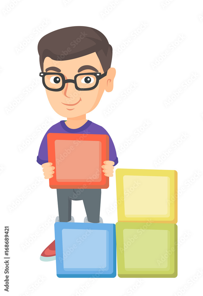 Little caucasian boy playing with clourful cubes and having fun. Smiling boy in glasses playing with toy building cubes. Vector sketch cartoon illustration isolated on white background.