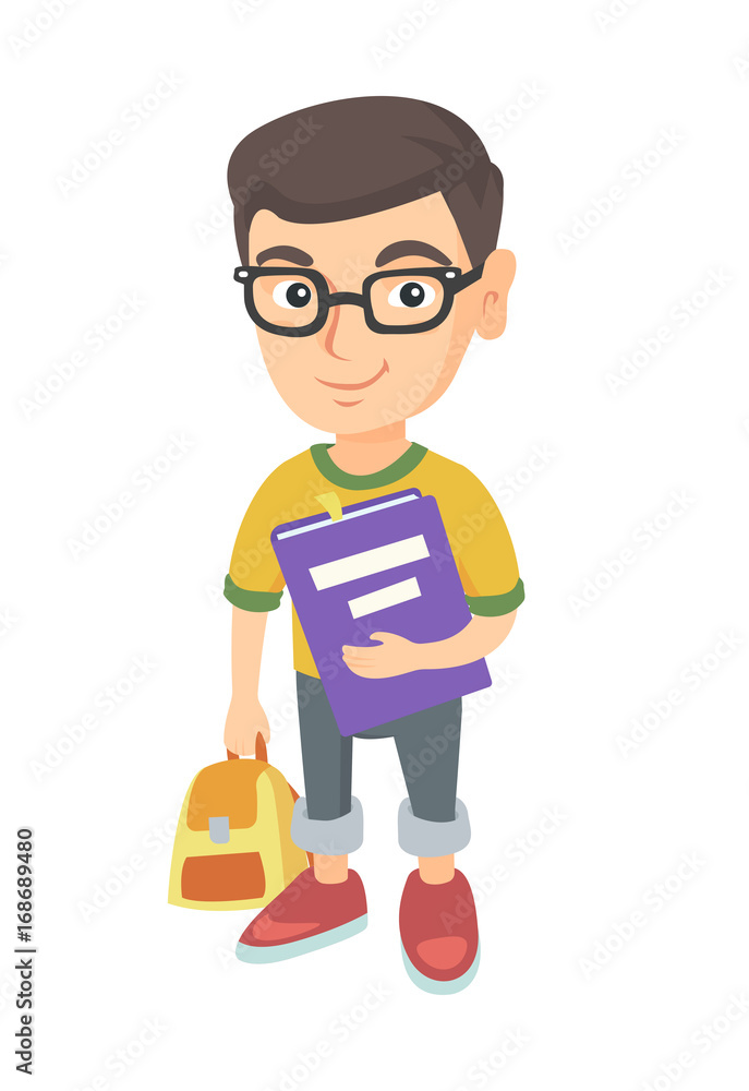 Caucasian pupil with backpack and tutorial. Full length of smiling happy pupil in glasses holding textbook and backpack in hands. Vector sketch cartoon illustration isolated on white background.