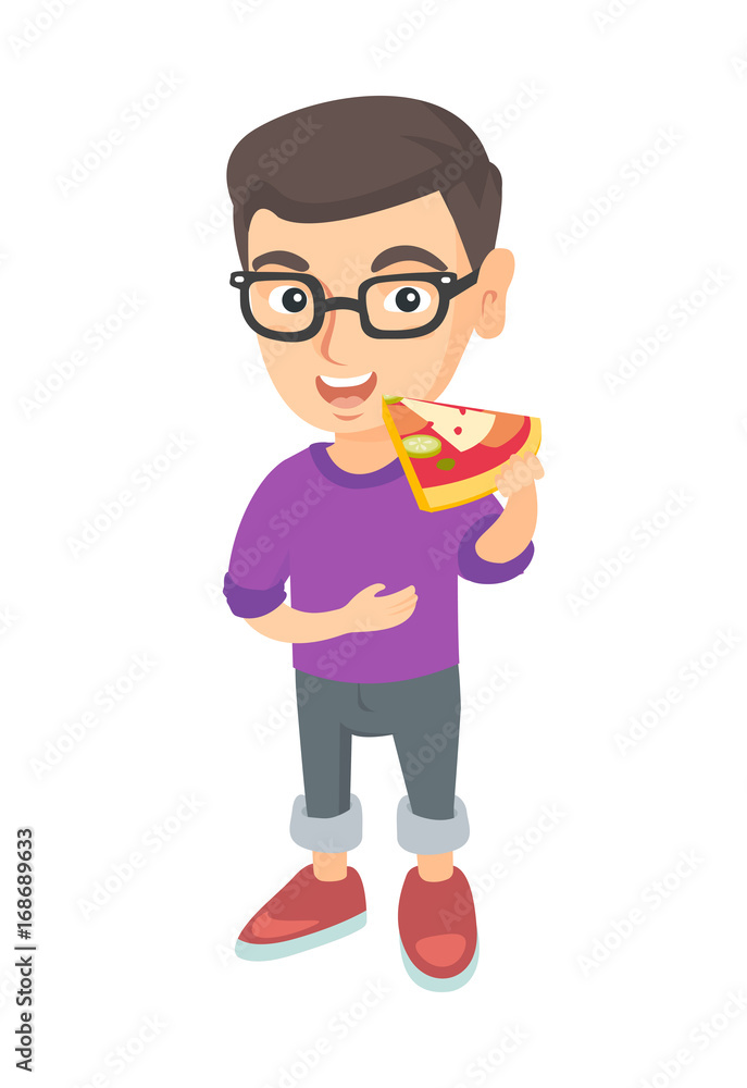 Cheerful caucasian boy in glasses eating tasty pizza. Full length of little boy holding a piece of pizza in hand and stroking his belly. Vector sketch cartoon illustration isolated on white background