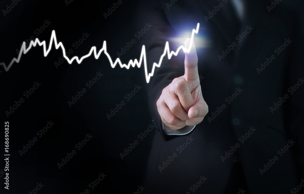 hand with stock financial chart symbols coming from hand hand with stock financial chart symbols coming from hand