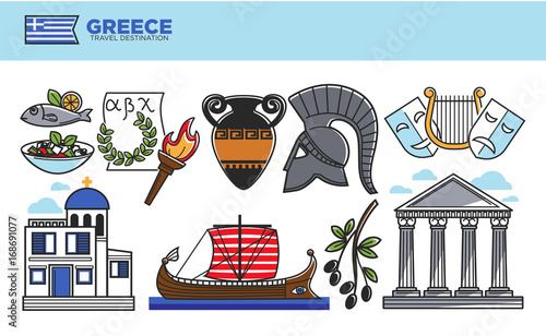 Greece travel destination promotional poster with cultural symbols