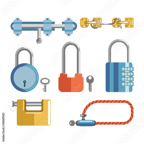 Solid locks and latches isolated cartoon illustrations set