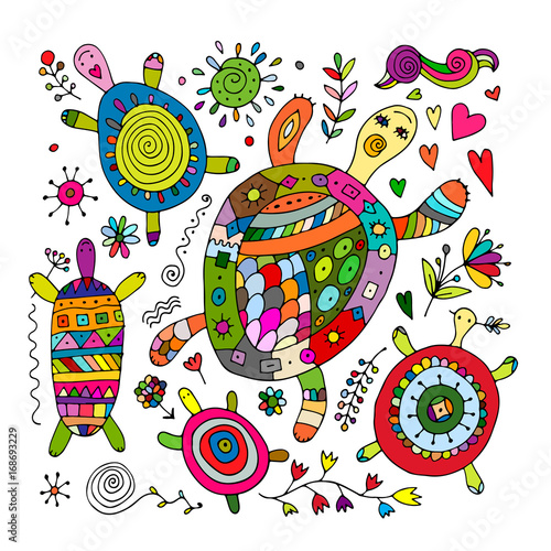 Funny family, turtle with chidren, sketch for your design