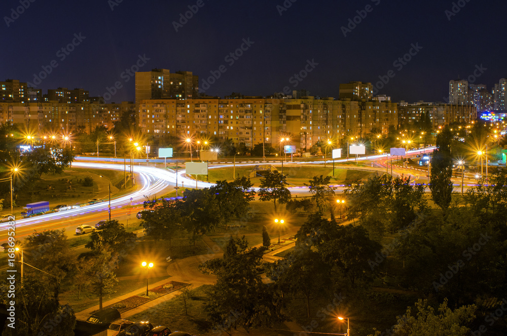 night city and traffic lights of urban Kiev, Ukraine