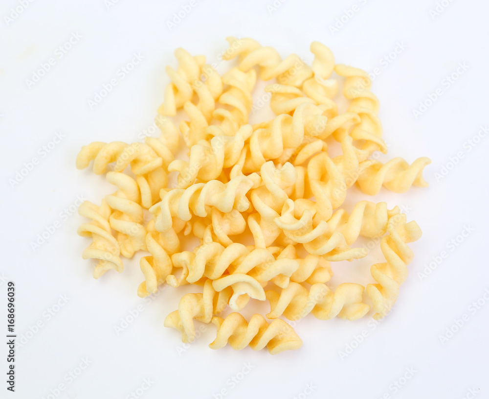 flavor snack made from fried wheat on white background. flavor snack made from fried wheat on white background.