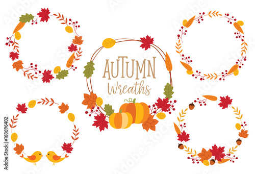 Autumn or Fall Wreath Frame vector illustration with leaves, pumpkins, and birds.