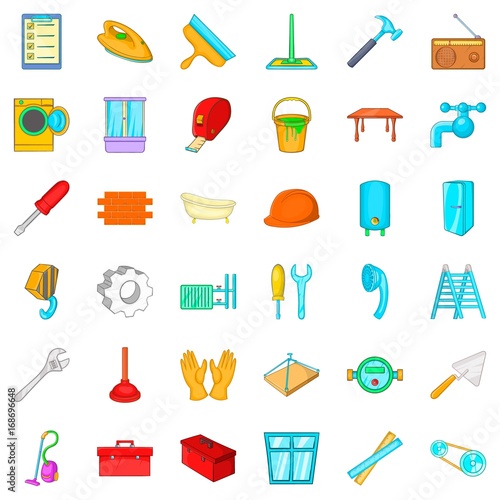 Apartment renovation icons set, cartoon style