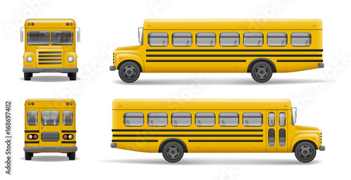 Yellow school bus front, back and side view. Transportation and vehicle transport, back to the school. Relistic bus mockup. Vector illustration