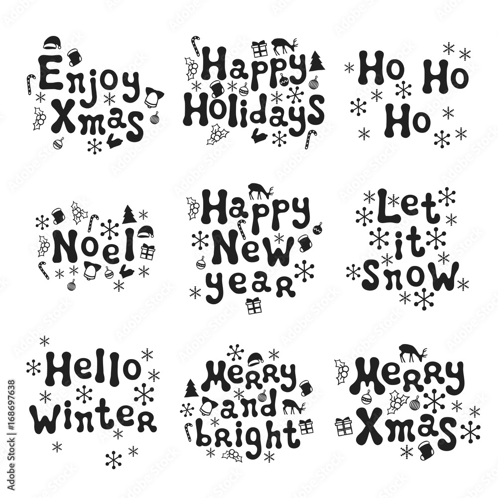 Christmas and New Year calligraphy phrases set. Handwritten brush seasons lettering collection. Xmas phrases. Hand drawn design elements. Happy holidays. Greeting card text. Christmas calligraphy. Christmas and New Year calligraphy phrases set. Handwritten brush seasons lettering collection. Xmas phrases. Hand drawn design elements. Happy holidays. Greeting card text. Christmas calligraphy.