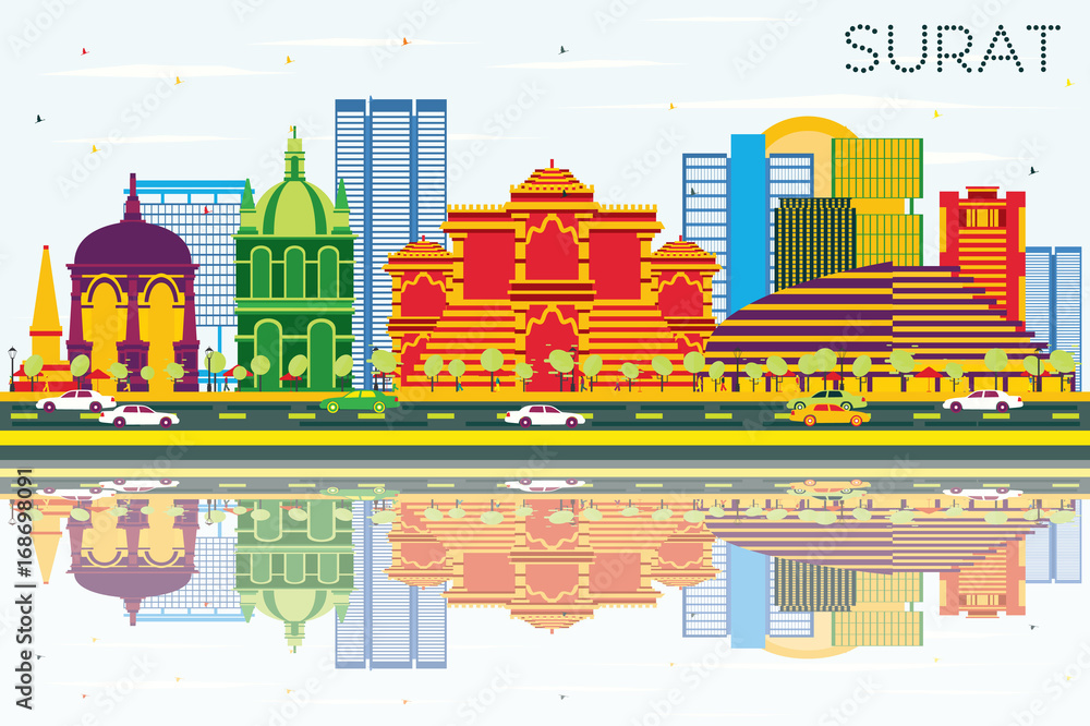Fototapeta premium Surat Skyline with Color Buildings, Blue Sky and Reflections.