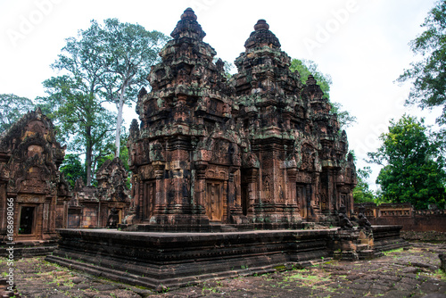 Banteay Srei is built largely of red sandstone and is a 10th-century Cambodian temple dedicated to the Hindu god Shiva  Siem Reap  Cambodia