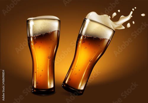 Two glasses of beer with foam and a splash effect. Highly realistic illustration with the effect of transparency.