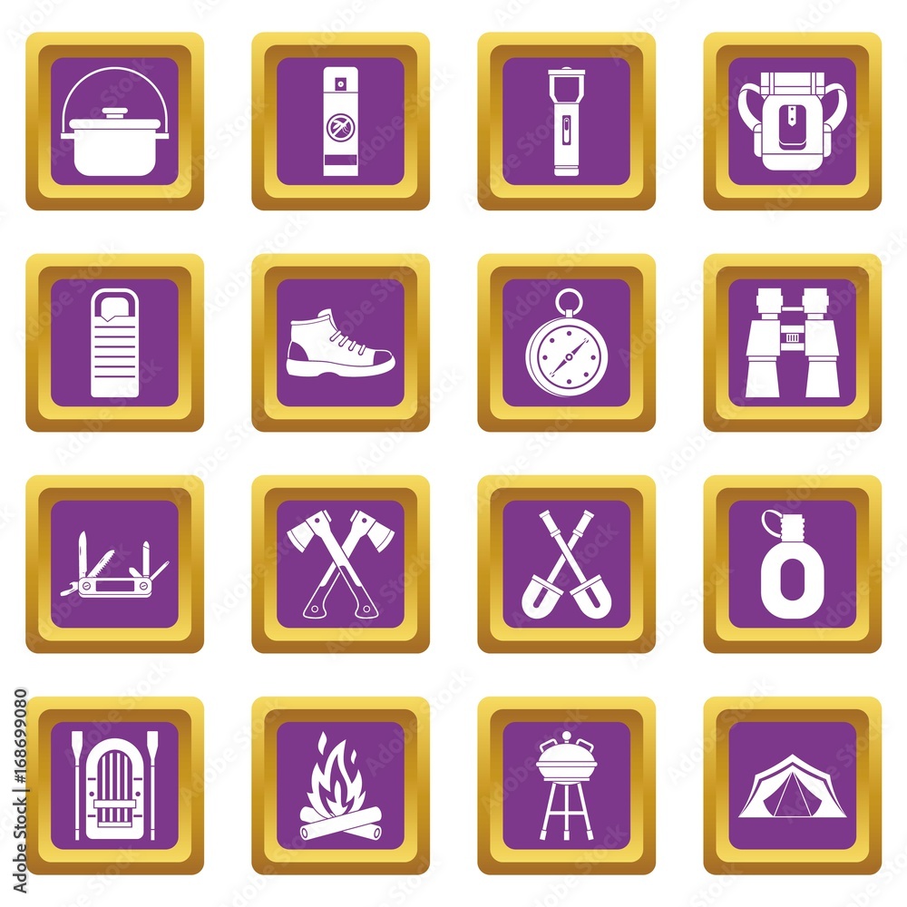 Recreation tourism icons set purple Recreation tourism icons set purple