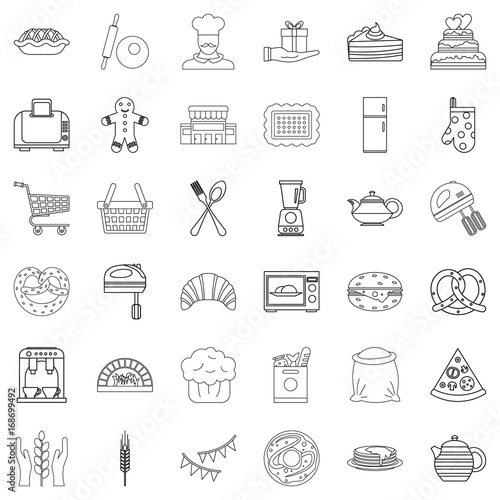 Bakery cooking icons set, outline style