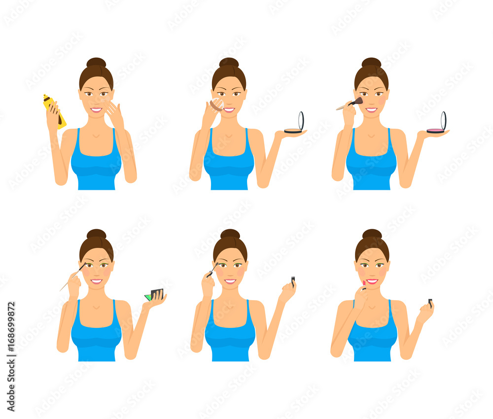 Cartoon Face Girl Steps of Makeup Set. Vector Cartoon Face Girl Steps of Makeup Set. Vector