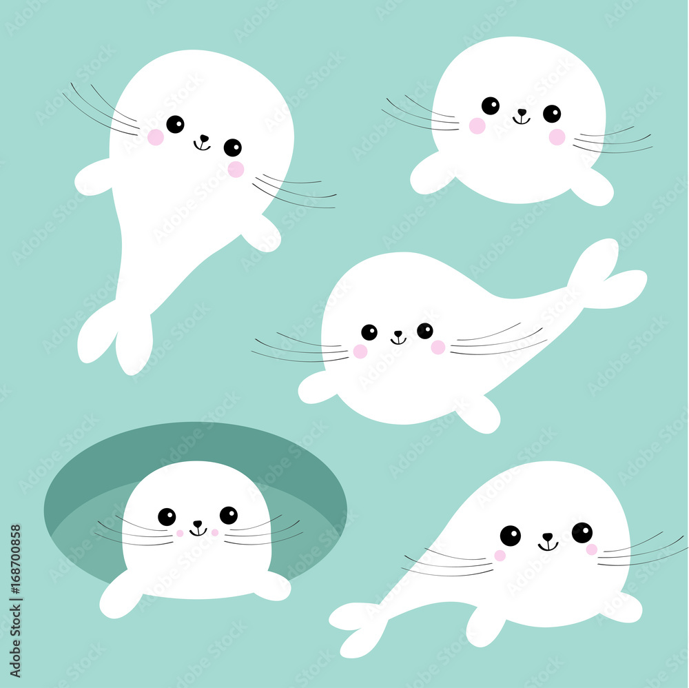 Harp baby seal pup set. Cute cartoon character. Ice-hole. Happy baby animal  collection. Blue background. Flat design Stock Vector | Adobe Stock