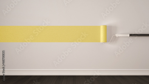 Empty room with paint rollers and painted marking, wooden floor, white and yellow minimalist interior design
