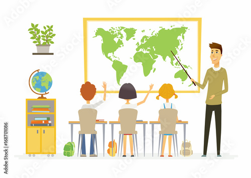 Geography lesson at school - modern cartoon people characters illustration