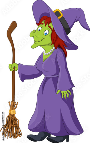 Cartoon witch holding broomstick