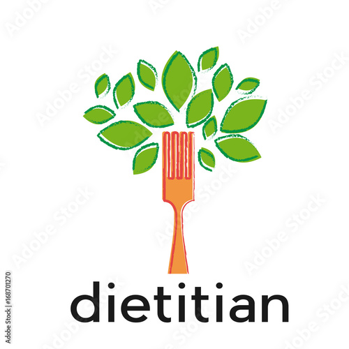Vector sign diet, dietitian. Tree wit leaves and fork