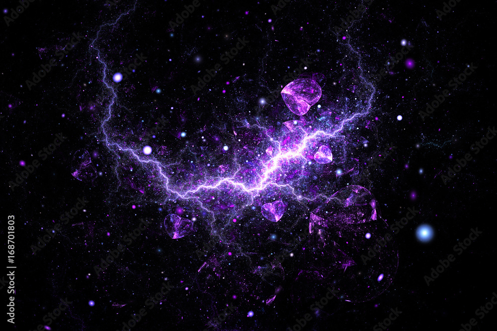 Bright galaxy. Abstract shining hearts and sparks on black background. Fantastic fractal texture in purple and blue colors. Digital art. 3D rendering. Bright galaxy. Abstract shining hearts and sparks on black background. Fantastic fractal texture in purple and blue colors. Digital art. 3D rendering.