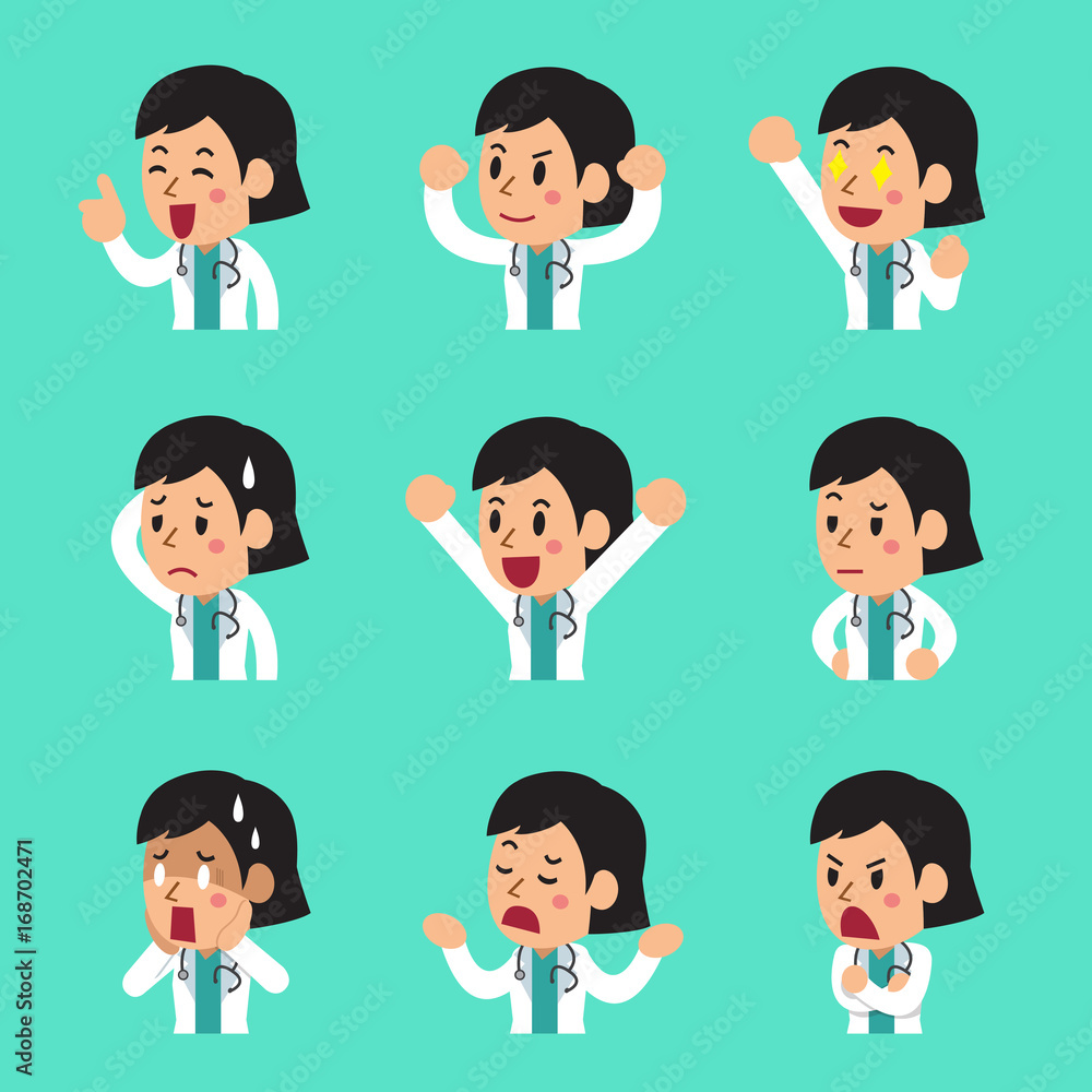 Cartoon female doctor faces showing different emotions Cartoon female doctor faces showing different emotions