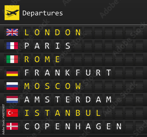 Airplane departures destination table board to major cities in Europe with national flags posted inside