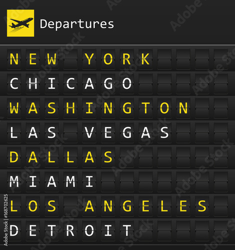 Airplane departures destination table board to major cities in the USA