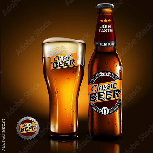A bottle and glass of beer with droplets of moisture. Highly realistic illustration with the effect of transparency.