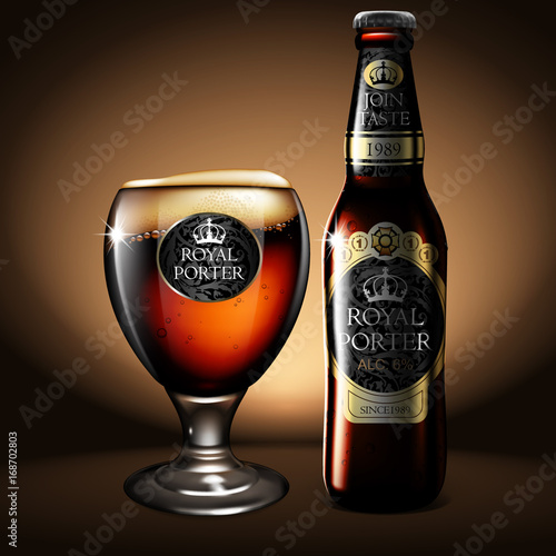 A bottle and glass of beer with droplets of moisture. Highly realistic illustration with the effect of transparency.