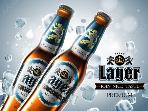 Design of advertising beer with two bottles in ice cubes.